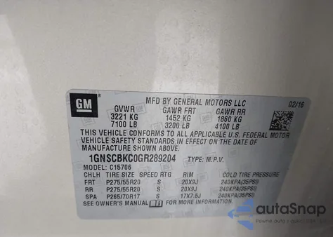 2016 Chevrolet Tahoe Lt из США, поврежденный, VIN 1GNSCBKC0GR289204